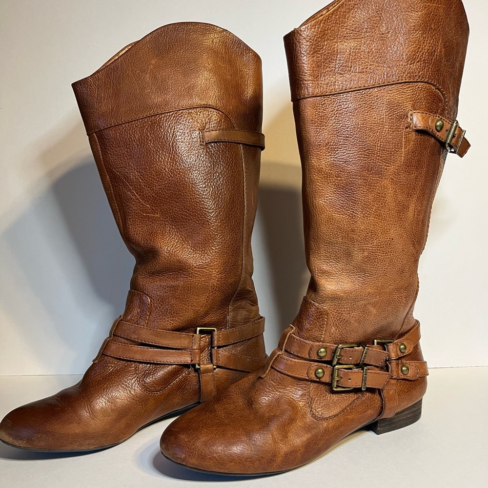 Gianni Bini Brown Leather Boots Women’s Size 11  Tall Wide Calf Buckles Pull-on